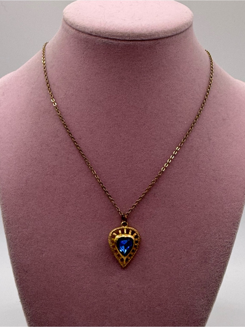 Avon Gold-Tone Heart Pendant Necklace with Blue Tear Gem